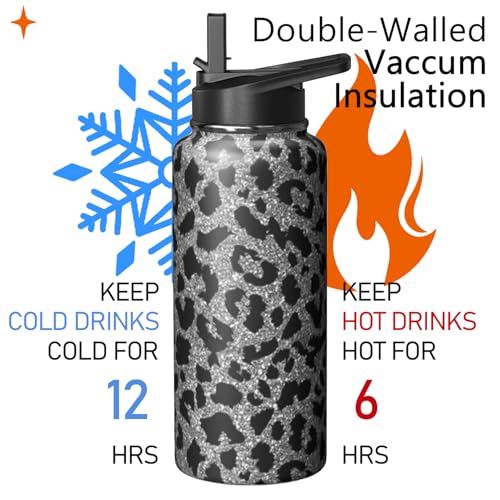 32oz Leopard Water Bottle with Handle and Flip Straw