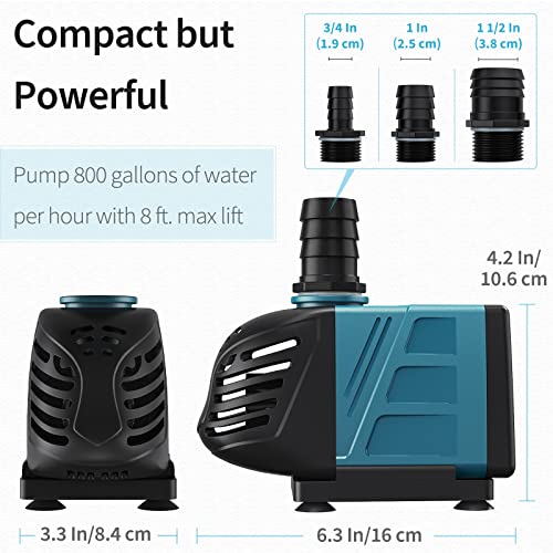 Aquarium 800 GPH Submersible and Inline Water Pump 55W 8ft High Lift AC 120 V Quiet Return Pump with 6 ft. Power Cord for Large Fish Tanks Pond Waterfalls Fountains Sumps and Gardens
