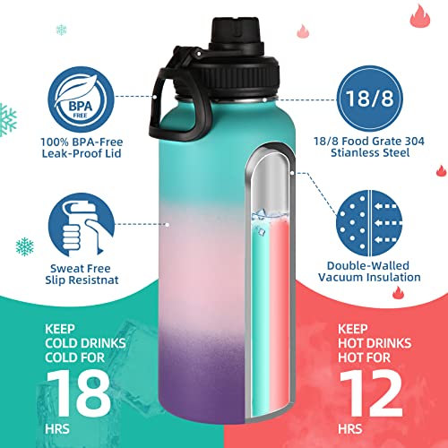 32oz Insulated Water Bottles Bulk 4 Pack with Straw Lid&Spout Lid (4 Count)