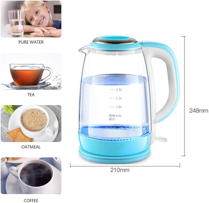 8L Glass Electric Kettle, 1500W Eco Water Kettle, Illuminated Led, Free Cordless Water Boiler with Stainless Steel Inner Lid Bottom