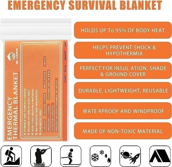 Emergency Mylar Thermal Blankets -Space Blanket Survival kit Camping Blanket (4-Pack)