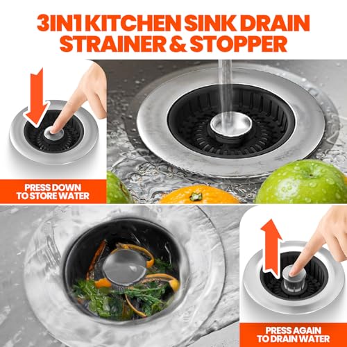 3 in 1 Kitchen Sink Drain Strainer Stopper Basket Pop Up Black