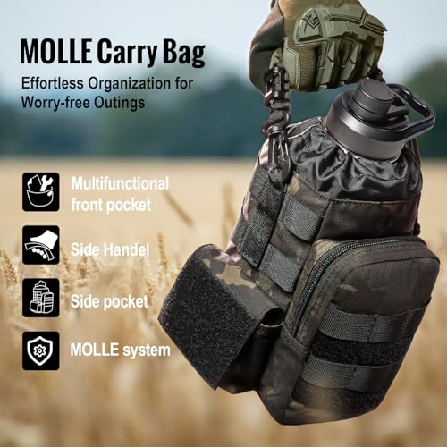 64oz Tactical Insulated Water Bottle with 3 Lids & MOLLE Pouch
