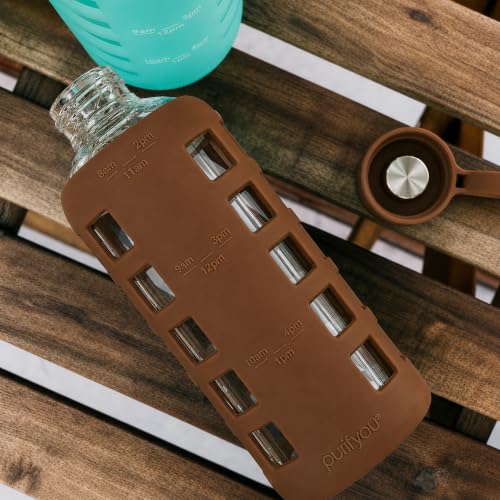 40oz / 32oz / 22oz / 12oz Borosilicate Glass Water Bottle with Time & Volume Markers, Silicone Sleeve, Stainless Steel Lid | Reusable Glass Bottle for Water & Juice (22oz Earth Brown)