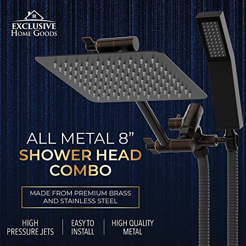 All Metal Shower Head 8" Dual Square Shower Head With Handheld Wand 71in Hose Set