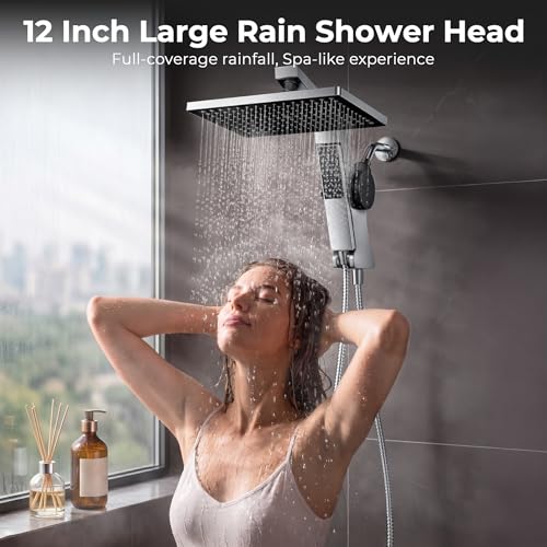 Filtered Rain Shower Head with Handheld Combo High Pressure 12'' Rainfall Shower Heads & Hidden Detachable Wand Dual Showerhead Water Softener for Hard Water Easy Filter Replacement