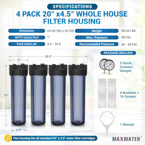 Whole House 20" x4.5" Purple Clear WH Water Filter Housing 1 inch Inlet