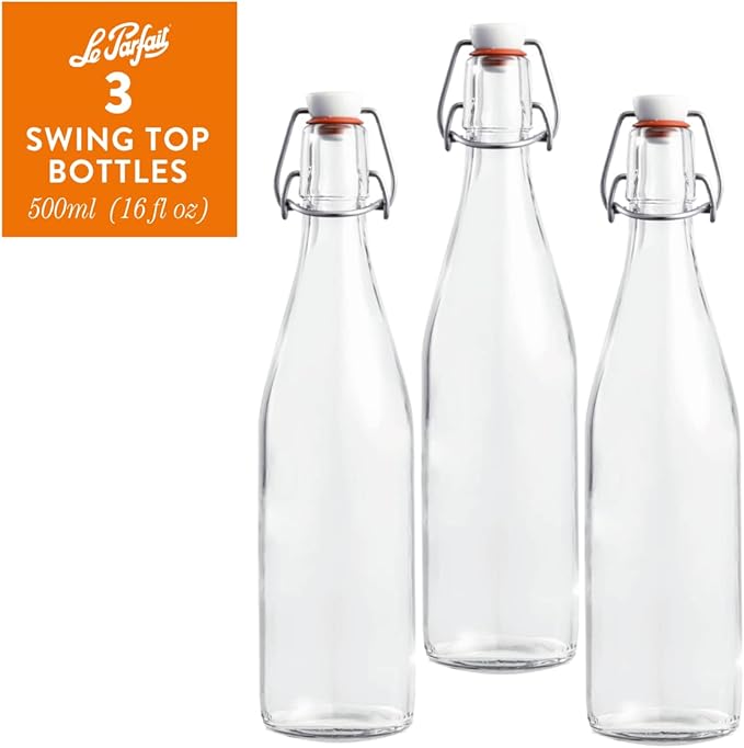Le Parfait Bottles Glass Swing Top Bottle with Airtight Printed logo Swing Stopper | Works as Preserving Bottle for Juices & Salad Dressing| 16oz (Pack of 3) 500ml
