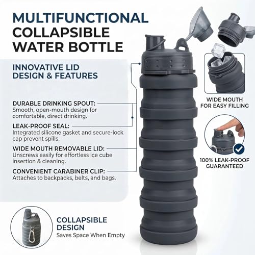Collapsible Water Bottles Two Pack Travel Sports Portable Sport Water Bottle comes with mountaineering Buckle 500ml silicone Water (2 Count)