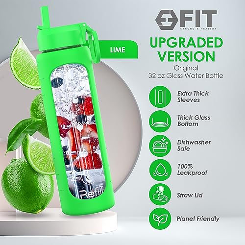 32 oz Glass Water Bottle with Straw Lid