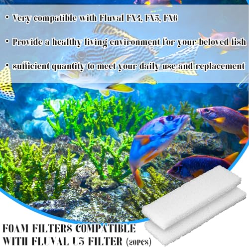 20 Pcs Filter Pad Compatible with Fluval U3 Underwater Sponge Aquarium Filter Media Replacement Accessories Compatible for Aquarium