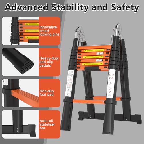 Telescoping Ladder A Frame 16.5Ft with Stabilizer Bar