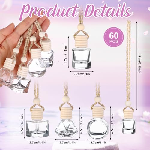 60 Pcs Hanging Car Air Freshener Car Diffuser Bottle Empty Glass Perfume Bottles Air Freshener Diffuser Bottle Pendant for Essential Oils Fragrance Aromatherapy Ornament Decor (60 Count)