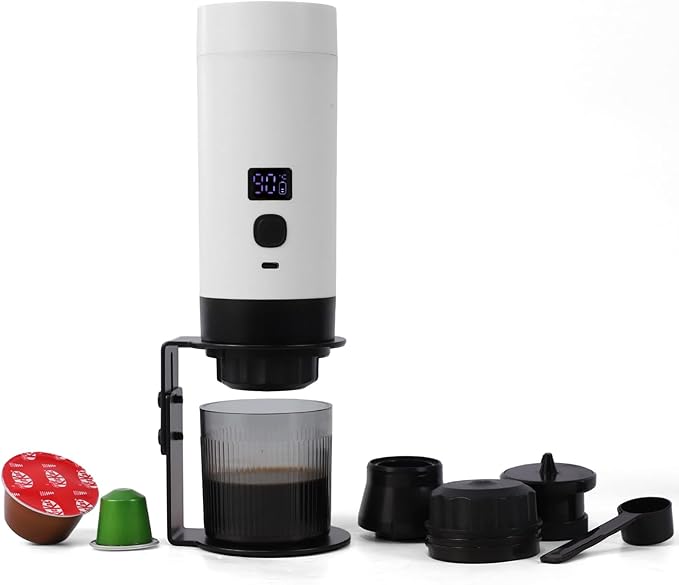 Wireless Mini Espresso Machine; Portable Coffee Maker for Travel/Camping/Office; 3-in-1 Single Serve Coffee Maker; Compatible with Capsules&Ground Coffee; Gifts for Espresso Lovers (White)