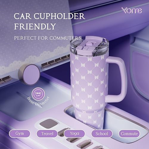 DetaClean 40oz Purple Bow Tumbler with Handle and Flip Straw for Women
