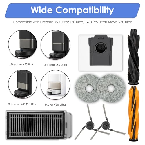 22 Pack) X50 Ultra Replacement Parts for Dreame L50 Ultra/ L40S Pro Ultra/ X50 master Robot Vacuum Cleaner, 2 Roller Brushes, 6 Side Brushes, 5 Dust Bags, 5 HEPA Filters, 4 Mop Pads, Accessories Kit (22 Count)
