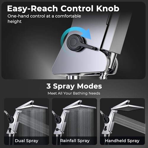 Filtered Rain Shower Head with Handheld Combo High Pressure 12'' Rainfall Shower Heads & Hidden Detachable Wand Dual Showerhead Water Softener for Hard Water Easy Filter Replacement
