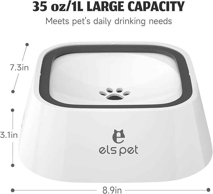 ELS PET No Spill Dog & Cat Bowl - 70oz/2L Large Capacity Travel Water Dispenser (White, 35oz)