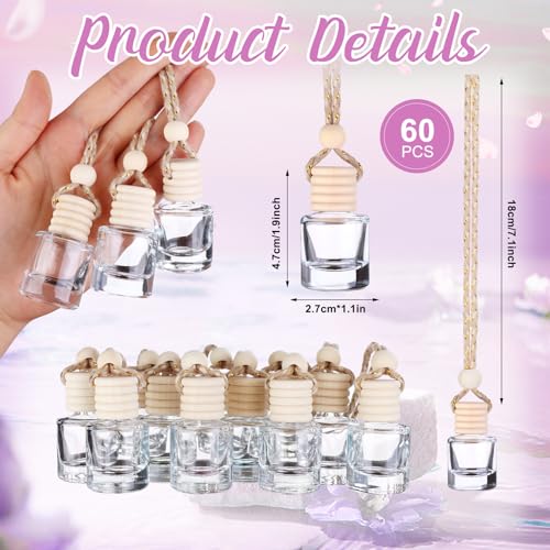 60 Pcs Hanging Car Air Freshener Car Diffuser Bottle Empty Glass Perfume Air Freshener Diffuser Bottle Pendant for Essential Oils Fragrance Aromatherapy Ornament Decor (60 Count)
