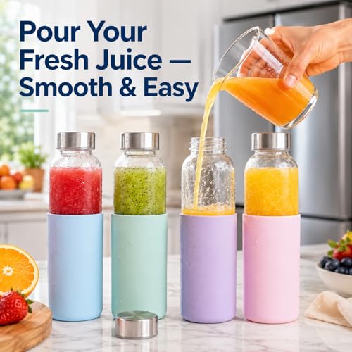 18 oz Glass Water Bottles with Lids and Silicone Sleeve 6 Pack (6 Count)