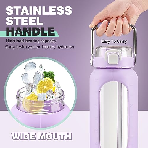 64oz Water Bottle Glass with Stainless Steel Handle Large Water Bottle with Time Markers and Silicone Sleeve Half Gallon Water Jug BPA Free for Gym Daily Use