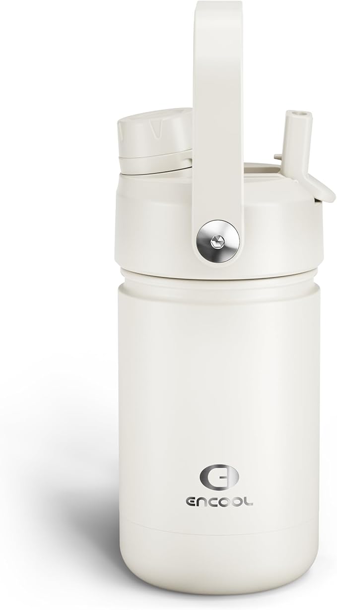 Kids Insulated Water Bottle with Straw - 12oz Stainless Steel Water Bottle with Dual Spouts, Leak-Proof, BPA-Free, Double Wall Vacuum Keeps Cold for 24 Hours for Sports, Travel, School (Cream Moon)