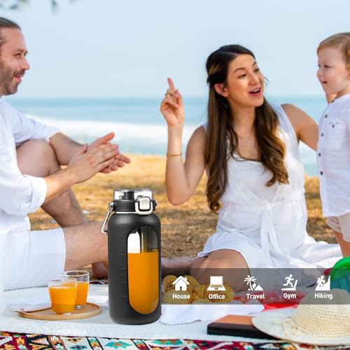 64oz Water Bottle Glass with Stainless Steel Handle Large Water Bottle with Time Markers and Silicone Sleeve Half Gallon Water Jug BPA Free for Gym Daily Use