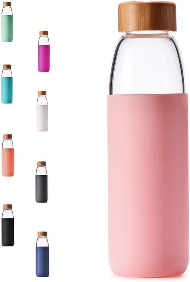 veegoal 18 Oz Borosilicate Glass Water Bottles with Bamboo Lid, BPA-FREE, Non-Slip Silicone Sleeve, and Stainless Steel Leak Proof Lid - Reusable Glass Bottle for Men and Women