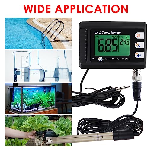 2 in 1 pH & Temperature Meter Digital pH Monitor Dual Display Water Quality Tester with ATC and Automatic Calibration Function