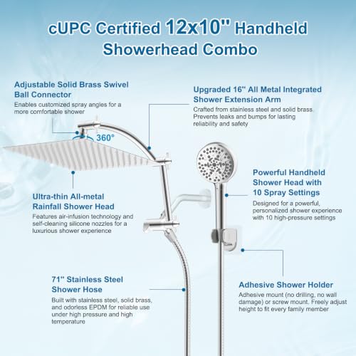 All Metal 12" High Pressure Rain Shower Head Combo
