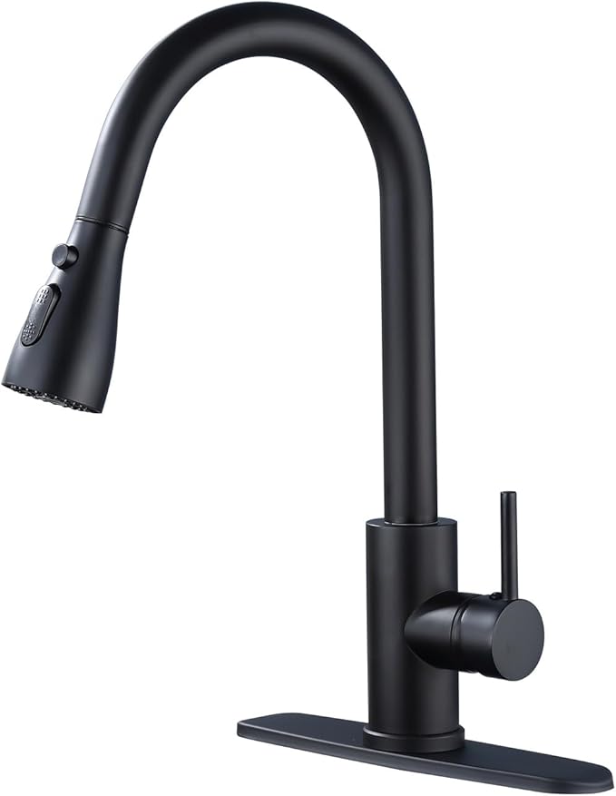 Kitchen Faucet with Pull Down Sprayer，Black Kitchen Sink Faucet，High Arc Single Handle Classic Stainless Steel Sink Faucet，1 or 3 Hole,Suitable for Farmhouse Camper Laundry Rv Bar