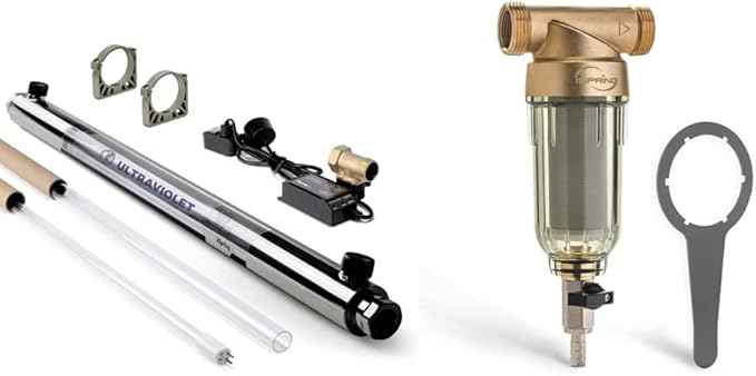 iSpring UVF55FS Whole House UV Water Filter with Smart Flow Sensor Switch, 55W, 12 GPM & WSP-50 Reusable Whole House Spin Down Sediment Water Filter, 1" MNPT + 3/4" FNPT, Lead-Free Brass