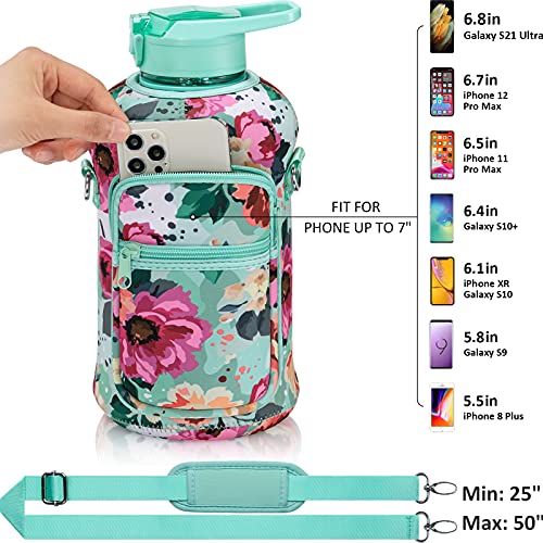 Half Gallon Water Bottle with Sleeve 64 OZ Water Bottle with Handle & Straw Leakproof Motivational Sports Gym Water Bottle with Time Marker Water Jug with Neoprene Holder