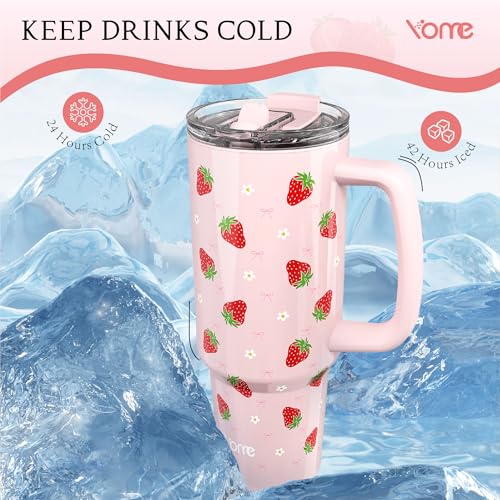 40oz Strawberry Tumbler with Handle and Flip Straw