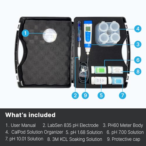 PH60 HF Handheld pH Meter Tester Kit with LabSen 835 ATC pH Electrode for Lab