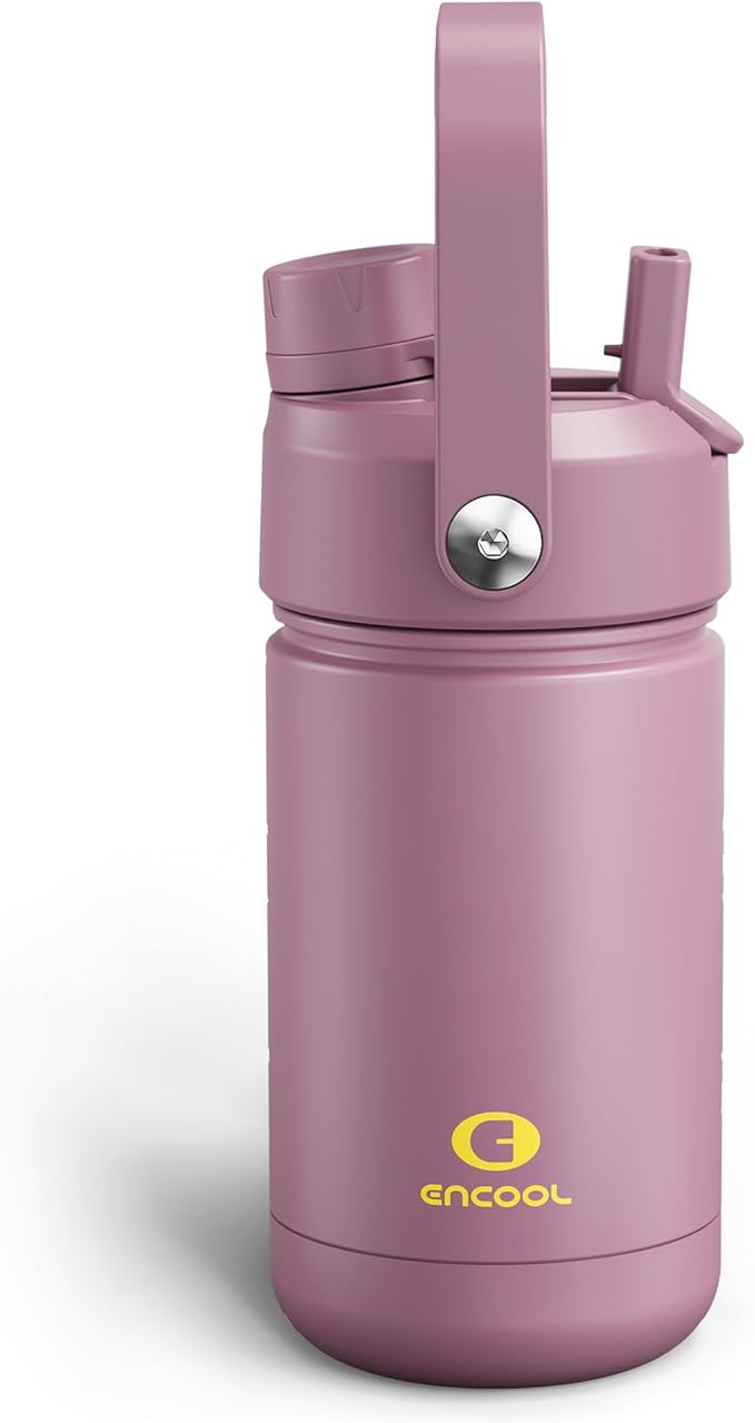 Kids Insulated Water Bottle with Straw - 12oz Stainless Steel Water Bottle with Dual Spouts, Leak-Proof, BPA-Free, Double Wall Vacuum Keeps Cold for 24 Hours for Sports, School (Mountbatten Pink)