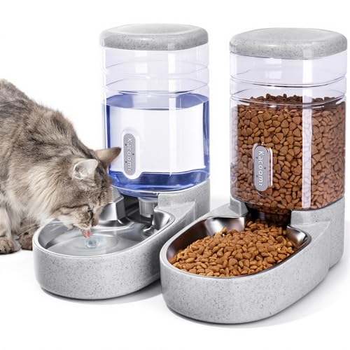 Automatic Cat Feeder and Water Dispenser with Stainless Steel Bowl Gravity Food Feeder and Waterer Set for Small Medium Dog Puppy Kitten 1 Gallon x 2