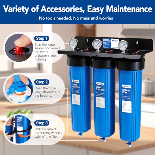 WF3-01 PRO 3-Stage Whole House Water Filtration System, Big Blue 20" x 5.5", Reduces Heavy Metals, PFAS (PFOA/PFOS), Chlorine, Sediment, Odor & VOCs