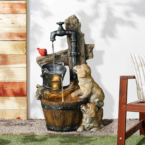 LuxenHome 25" Rustic Barrel Puppy Resin Water Fountain Outdoor with Lights