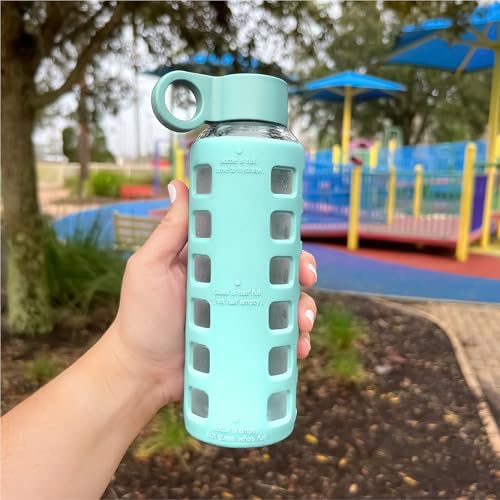 40oz / 32oz / 22oz / 12oz Borosilicate Glass Water Bottle with Time & Volume Markers, Silicone Sleeve, Stainless Steel Lid | Reusable Glass Bottle for Water & Juice (12oz Glow-in-the-Dark)
