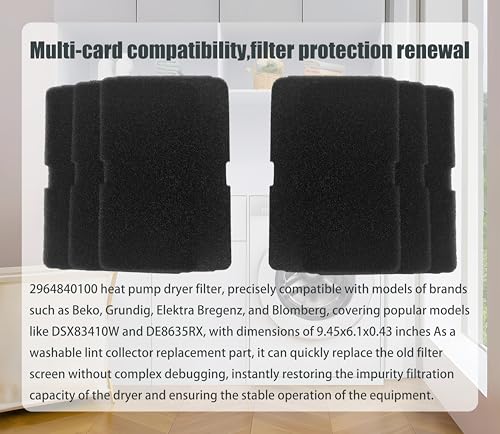 6 Pcs 2964840100 2964840200 Dryer Sponge Foam Filter Compatible with Arcelik Backhoe DSX83410W DS7512PA DE8635RX Replacement Blomberg Grundig Tumble Dryer Evaporator Foam Filter Replacement Parts