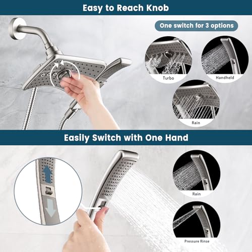 High Pressure Brushed Nickel Shower Heads Combo with Two Spray Setting Fixed Shower Head and Two Spray Settings Handheld Shower Head with Grey Face