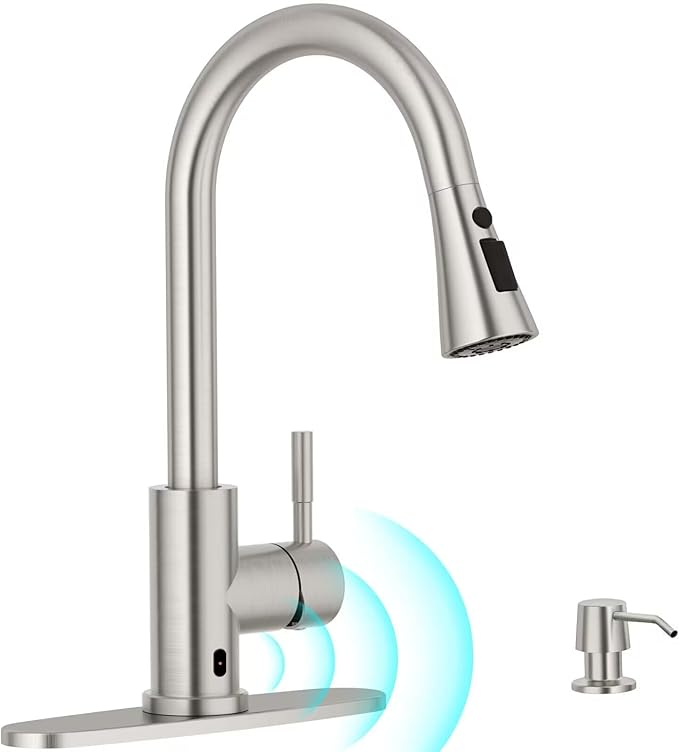 APPASO Touchless Kitchen Faucet, Brushed Nickel Stainless Steel Motion Sensor Sink Faucets with Soap Dispenser and Pull Down ABS Sprayer 3 Modes, Activated Hands Free Faucet for Sink