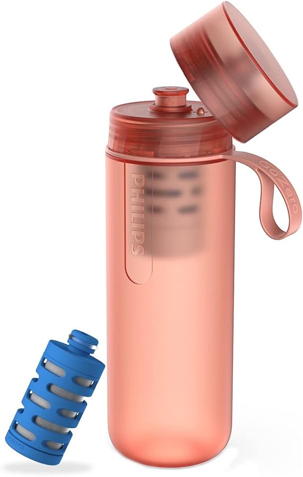 PHILIPS Water GoZero Active BPA-Free Water Bottle with Fitness Tap Water Filter, Sport Squeeze Water Bottle, Lightweight, Blue, 20 oz with Fitness Filter, RED