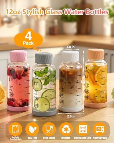 Borosilicate Glass Water Bottles with Stainless Steel Lid 12 oz (4 Count)