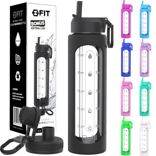 32 oz Glass Water Bottle with Time Marker Straw Lid Big Reusable Leakproof