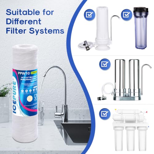 50 Micron 10" x 2.5" String Wound Sediment Water Filter Cartridge for Well filter Universal Replacement for Any 10 inch RO Unit (6 Count)
