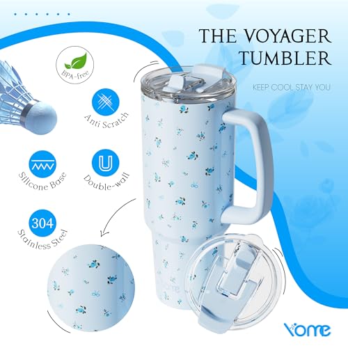 40oz Blue Floral Tumbler with Handle and Flip Straw