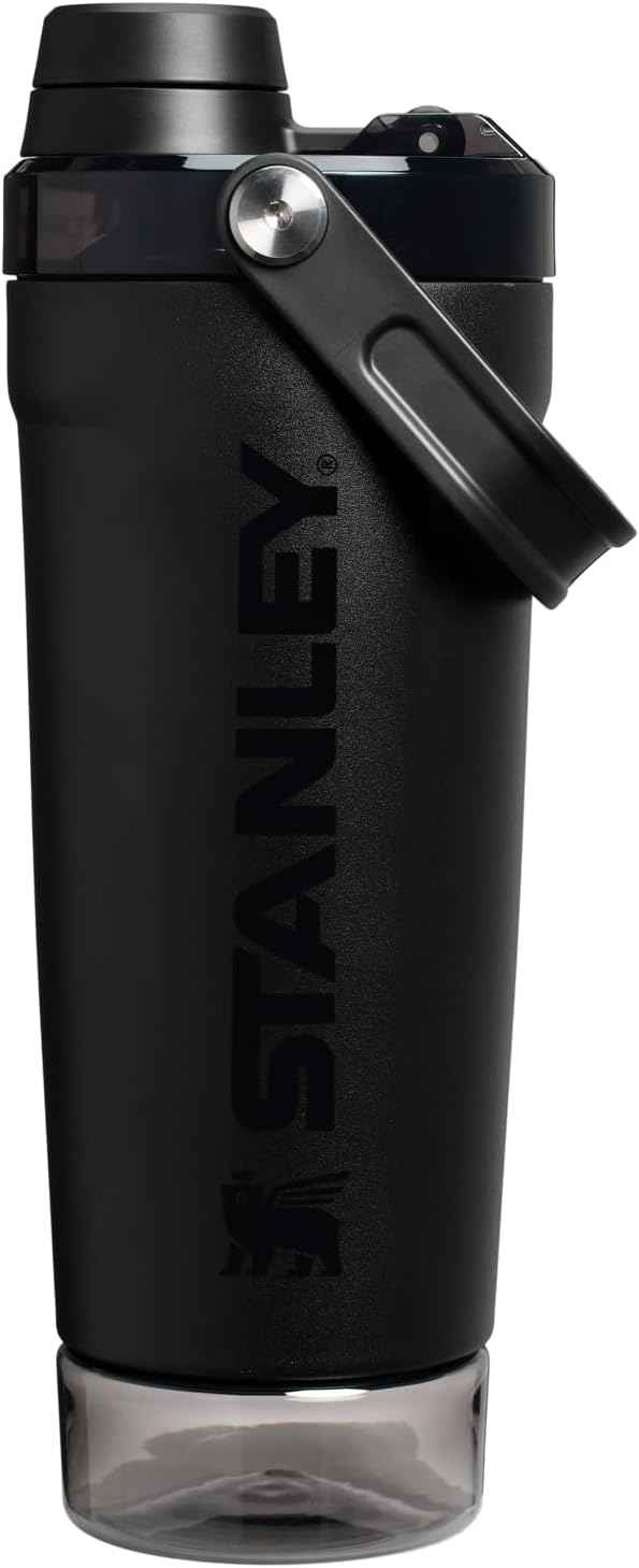 STANLEY Vitalize Shaker Bottle 20 oz | Leakproof Insulated Stainless Steel Shaker Cup | Base Storage and Twist On Fast Flow Lid | Protein Shakes and Pre Workout Powder | BPA-Free | Black