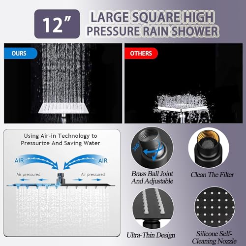 12" High Pressure Square Rain Shower Head and 2